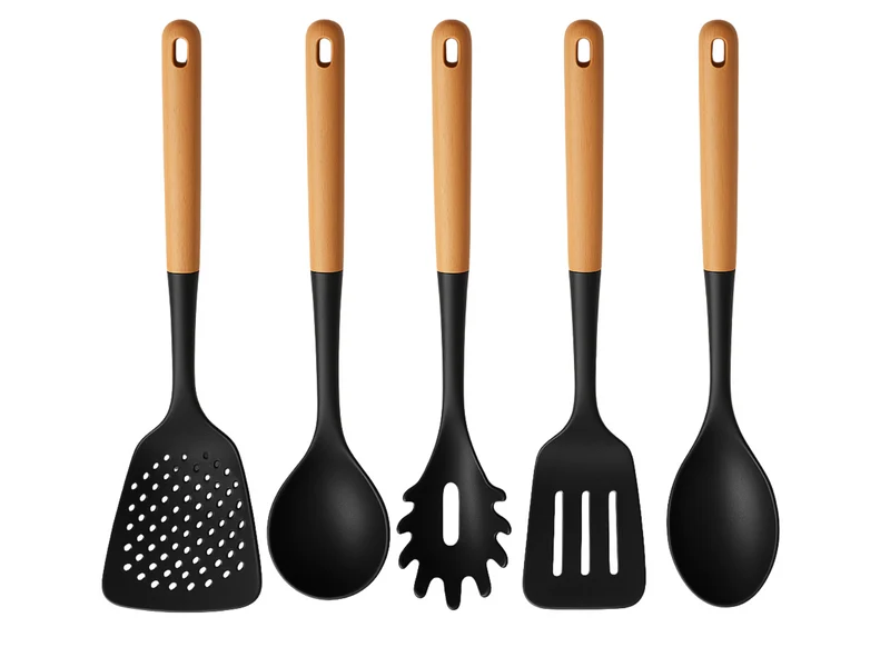 Cookinglife Kochgeschirr Set - Kochgeschirr Set - Holz schwarz 5-teilig - Schaumkelle, Suppenlöffel, Spaghettilöffel, Bratschaufel & Servierlöffel