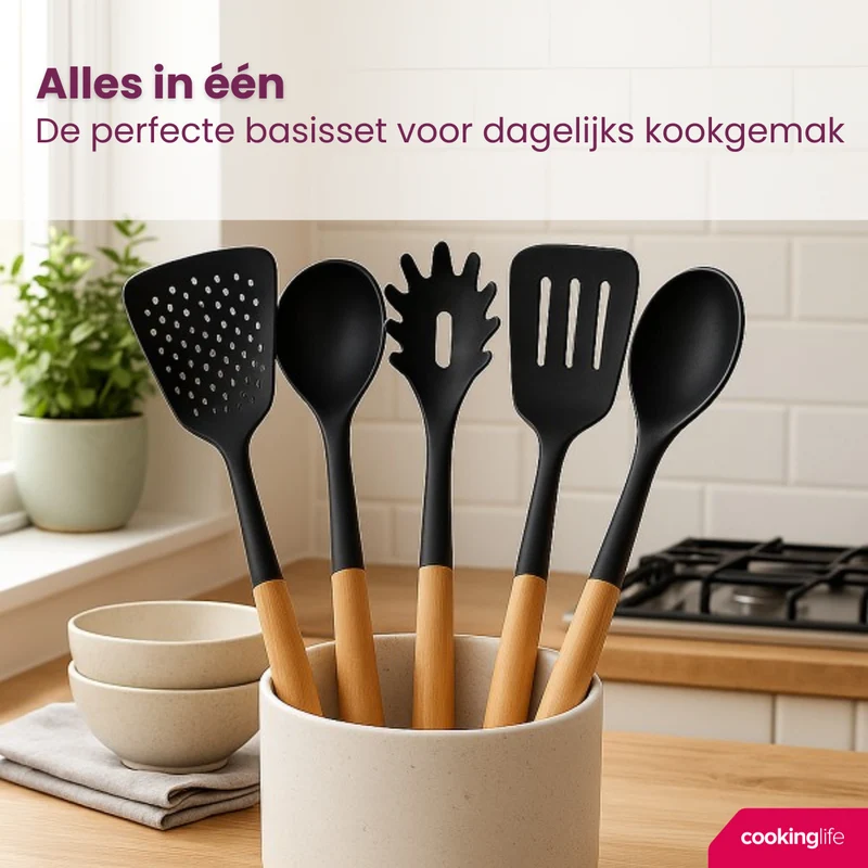 Cookinglife Kochgeschirr Set - Kochgeschirr Set - Holz schwarz 5-teilig - Schaumkelle, Suppenlöffel, Spaghettilöffel, Bratschaufel & Servierlöffel