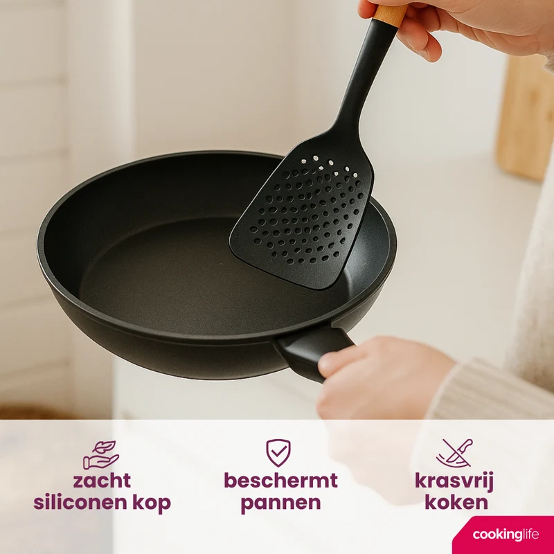 Cookinglife Kochgeschirr Set - Kochgeschirr Set - Holz schwarz 4-teilig - Schaumkelle, Suppenlöffel, Pfannenwender & Servierlöffel