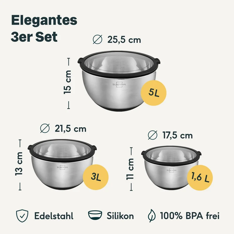 Edelstahlschüsseln mit Deckel - 3er Set
