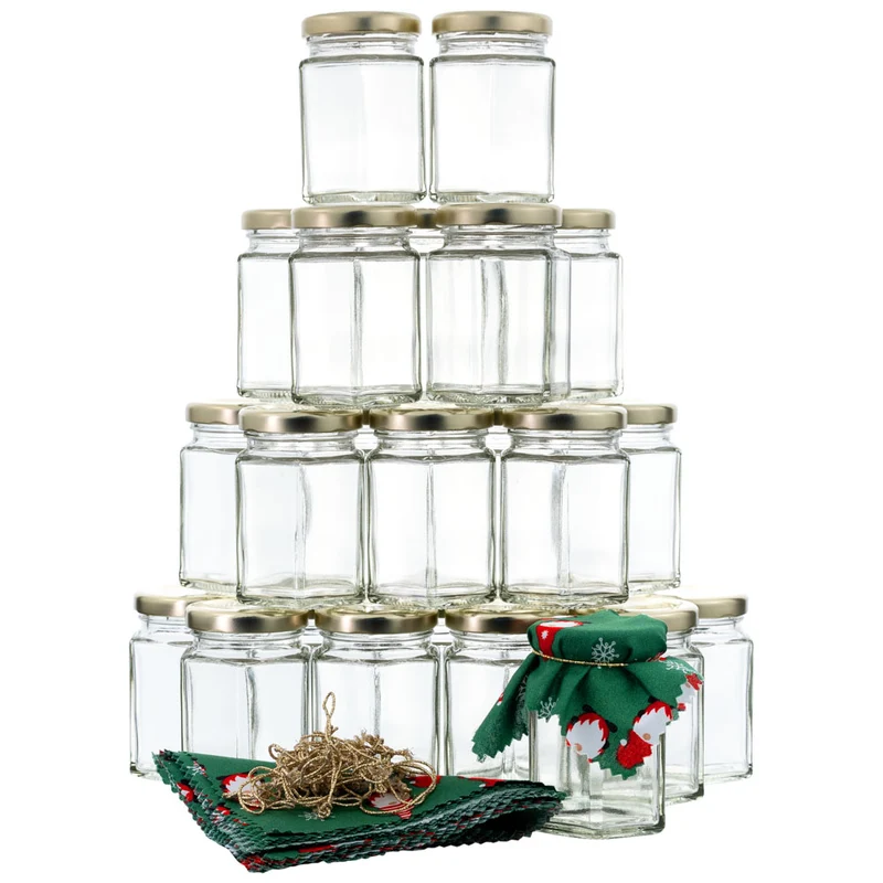 Adventskalender Set 24 x Sechskantglas 116 ml mit Deckel und Zubehör