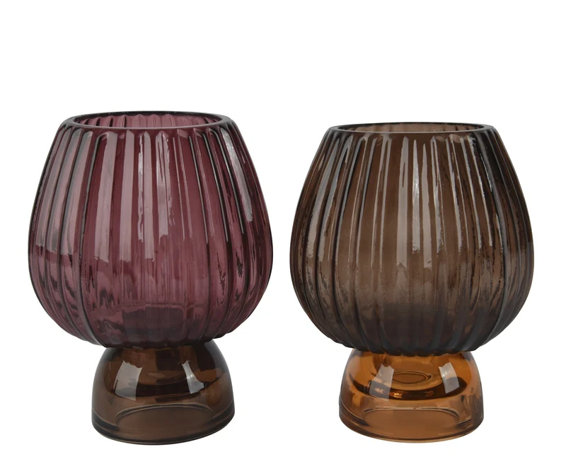 Theelichthouder glas op voet ribbel 2col assortie D10 H13cm