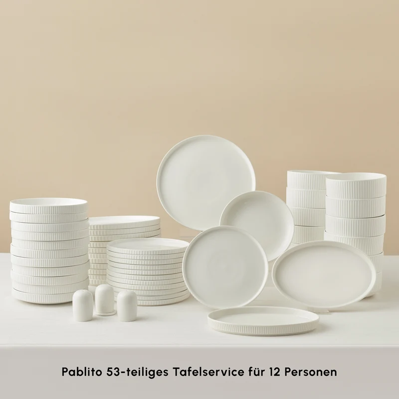 Karaca Forever Bone Pablito 53-Teiliges Tafelservice Für 12 Personen, Weiß