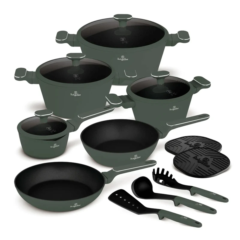 BerlingerHaus Topfset Matt Grün 11-Teilig - Kochtopf ø 20, 24, 28 cm, Bratpfanne ø 24, 28 cm & Stielkasserolle ø 16 cm - Geeignet für alle Wärmequellen