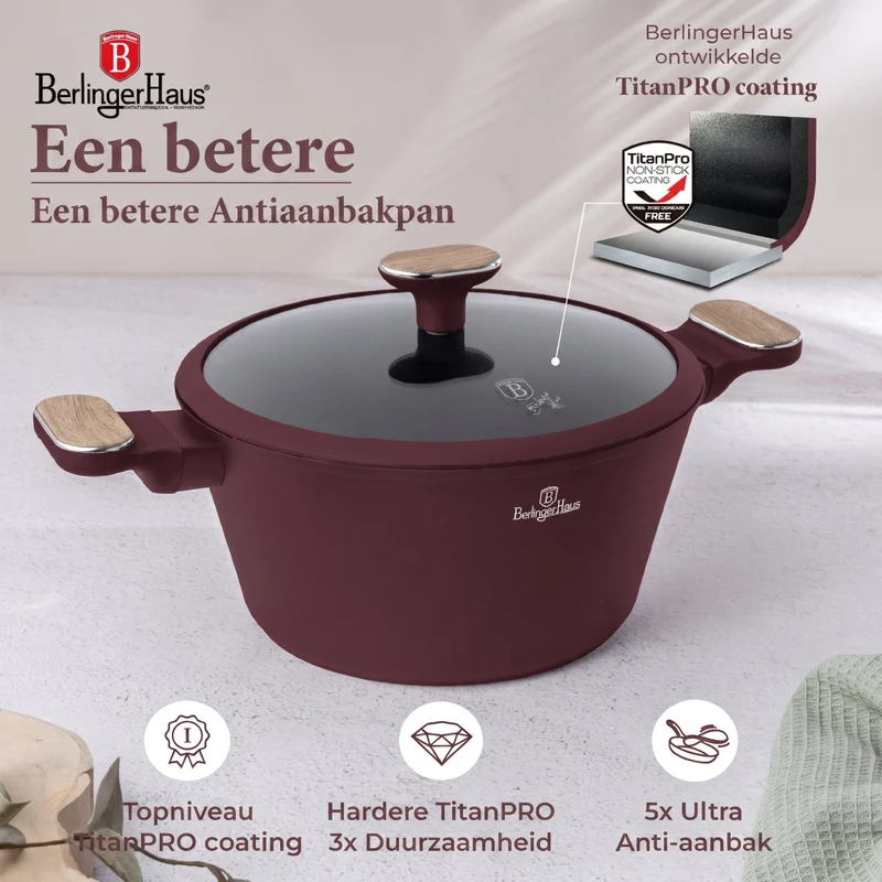 BerlingerHaus Topfset Nordic Matt Bordeaux 11-teilig - Kochtopf ø 20, 24, 28 cm, Bratpfanne ø 24, 28 cm & Stielkasserolle ø 16 cm - Geeignet für alle Wärmequellen