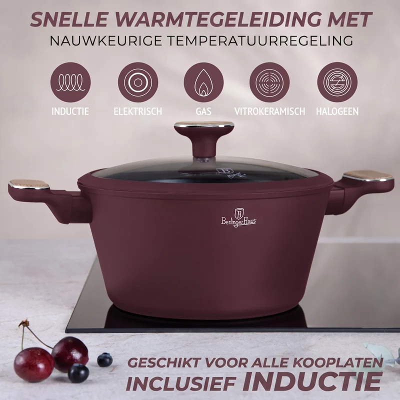 BerlingerHaus Topfset Nordic Matt Bordeaux 11-teilig - Kochtopf ø 20, 24, 28 cm, Bratpfanne ø 24, 28 cm & Stielkasserolle ø 16 cm - Geeignet für alle Wärmequellen