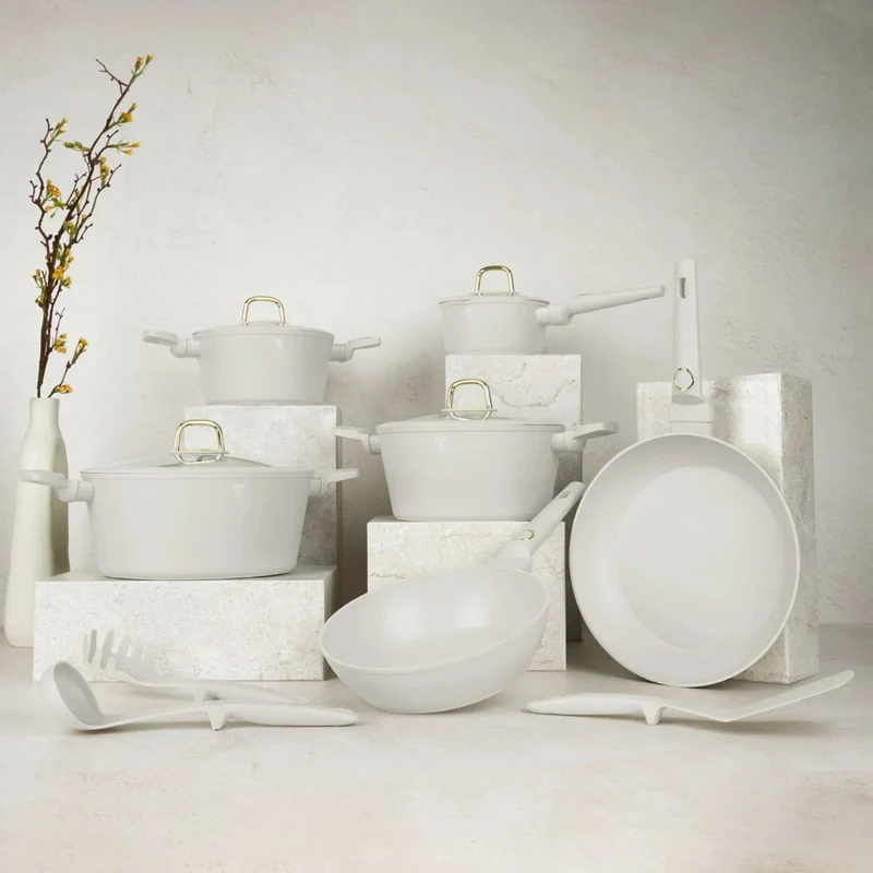 BerlingerHaus Topfset Matt Creme 11-Teilig - Kochtöpfe ø 20, 24, 28 cm, Bratpfannen ø 24, 28 cm & Stielkasserolle ø 16 cm - Geeignet für alle Wärmequellen