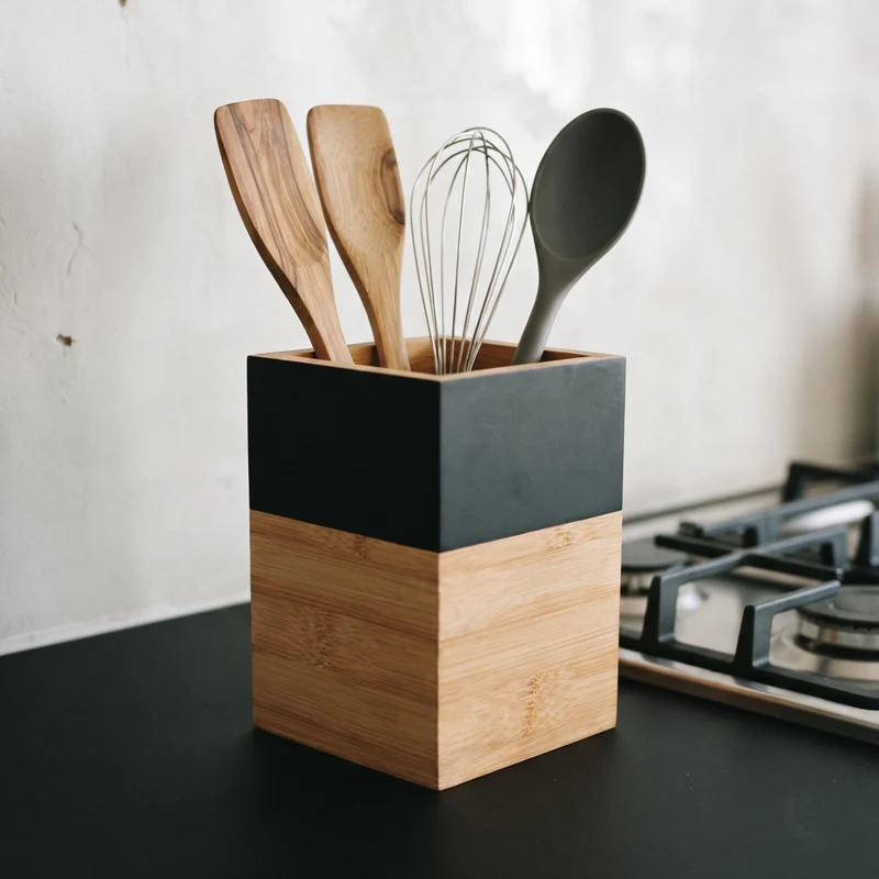 Cosy & Trendy Kochutensilienhalter Black & Wood - 10 x 10 x 14.5 cm