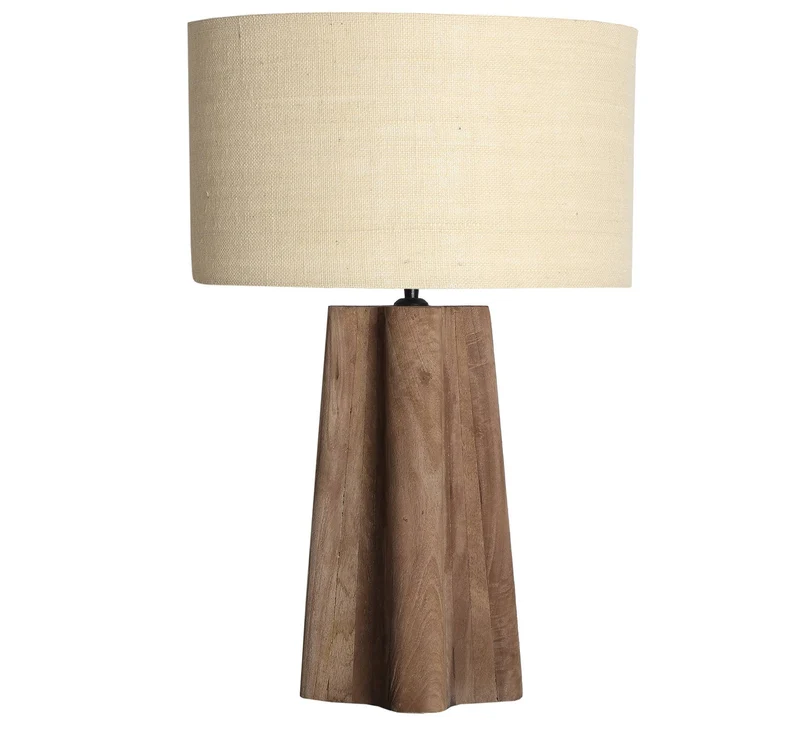 Lampe aus Mangoholz braun kombiniert mit cremefarbenem Jute Schirm