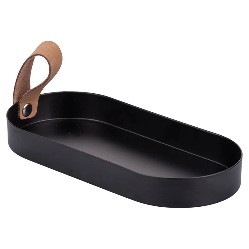 Tablett aus schwarzem Metall / Griff aus Leder 21,5x9,5x2,5 ( passend zu unseren Ölkännchen )