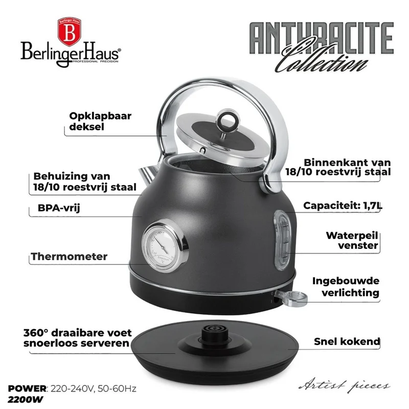BerlingerHaus Wasserkocher Matt Antrazit - mit Thermometer - 1,7 Liter - 2200W