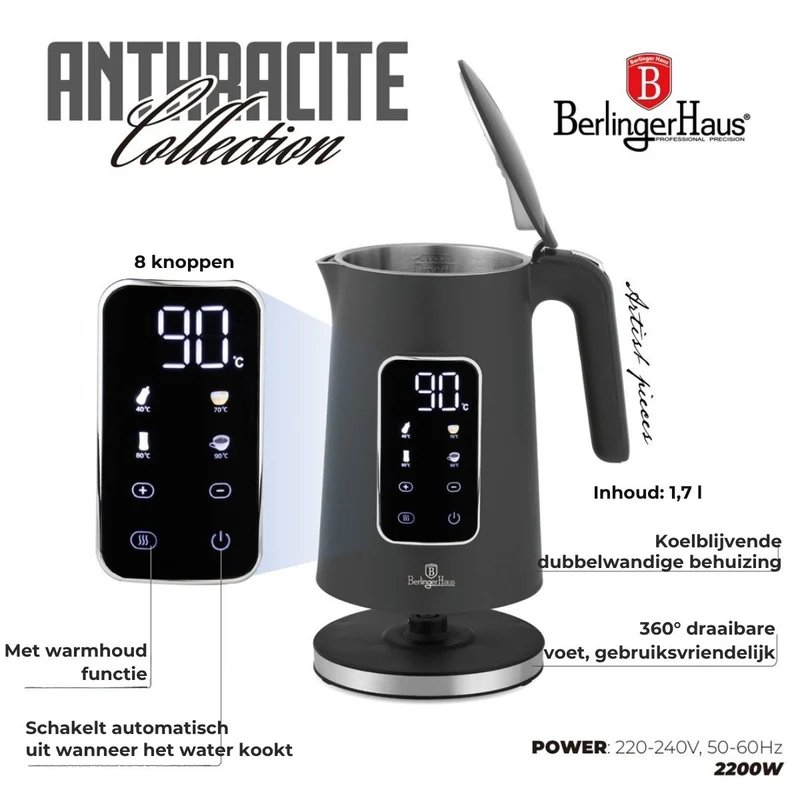BerlingerHaus Wasserkocher Digital Matt Anthrazit - Temperaturregelung - 1,7 Liter - 2200W