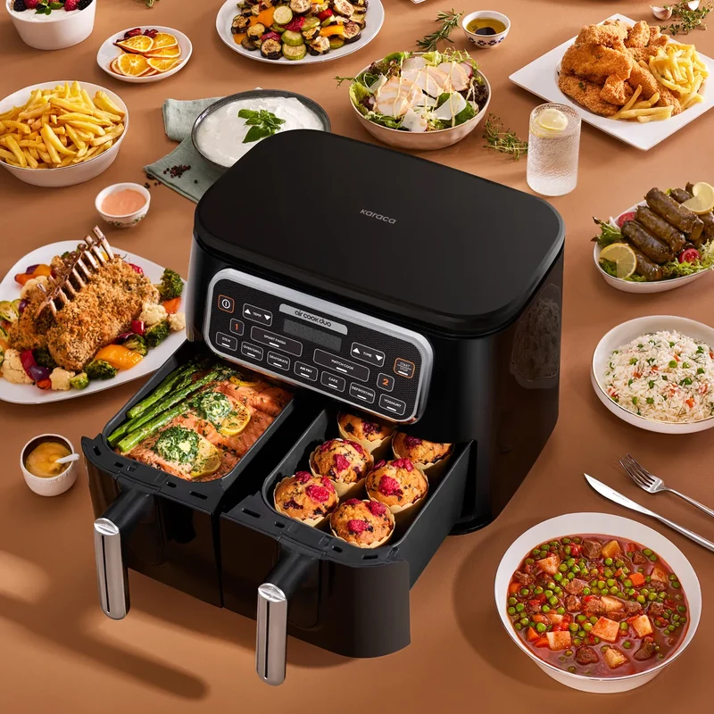 Karaca Air Cook Duo Heißluftfritteuse XXXL 8 Liter, Black Chrome, 8 Personen, 2500W