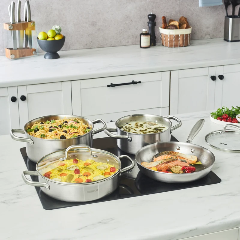 Karaca Power Steel 316+ 3-Ply Akita Edelstahl-Kochgeschirr- und Pfannenset mit Induktionsboden, 7-teilig