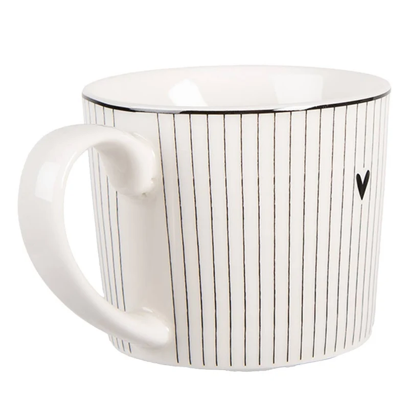 Becher 275 ml, weißes Porzellan, Herzmotiv Streifen
