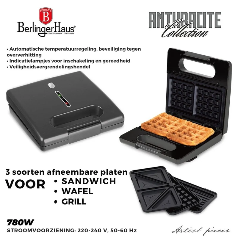 BerlingerHaus Sandwichmaker 3-in-1 Matt Anthrazit - Herausnehmbare Platten - Waffel & Grill - 780W