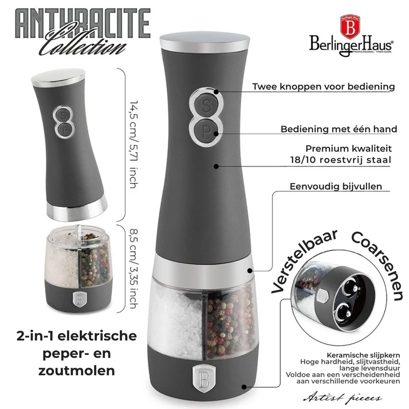 BerlingerHaus Elektrische Pfeffer- und Salzmühle Matt Anthrazit - 2-in-1 - Keramische Mühle