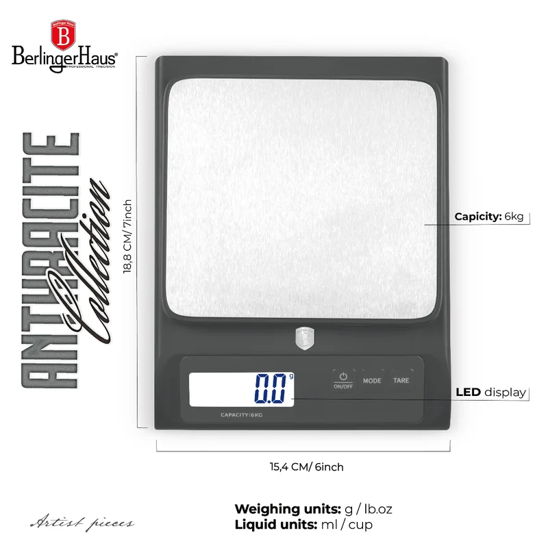 BerlingerHaus Küchenwaage Digital Anthrazit - Maximal 6 kg