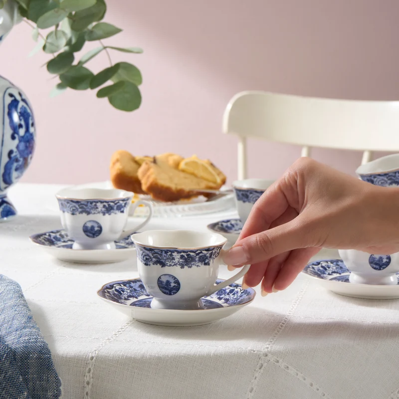 Karaca Old Town 12-teiliges Bone China Espresso-/Türkische Kaffeetassen-Set für 6 Personen, 80 ml, Blau