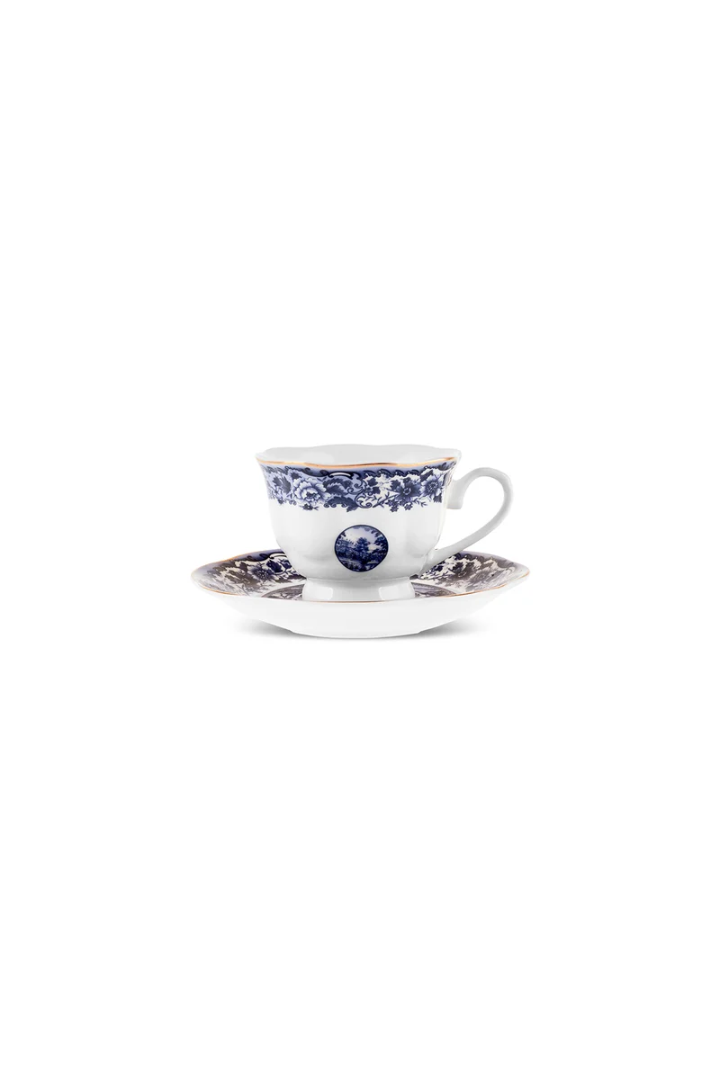 Karaca Old Town 12-teiliges Bone China Espresso-/Türkische Kaffeetassen-Set für 6 Personen, 80 ml, Blau