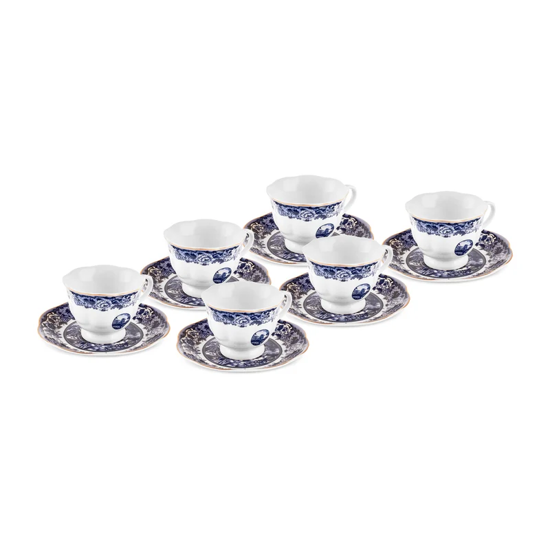 Karaca Old Town 12-teiliges Bone China Espresso-/Türkische Kaffeetassen-Set für 6 Personen, 80 ml, Blau