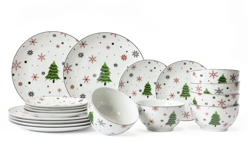Cookinglife Weihnachtsgeschirrset Rot - Porzellan - 18-teilig / 6 Personen - 6 Speiseteller, 6 Frühstücksteller & 6 Schalen