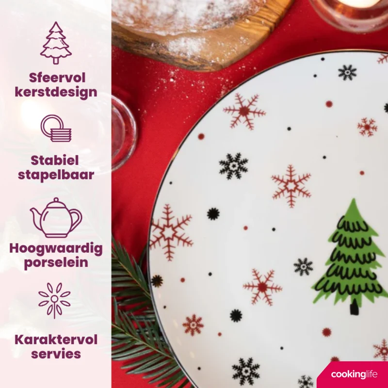 Cookinglife Weihnachtsgeschirrset Rot - Porzellan - 18-teilig / 6 Personen - 6 Speiseteller, 6 Frühstücksteller & 6 Schalen