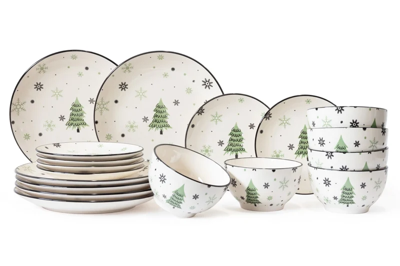 Cookinglife Weihnachtsgeschirrset Grün 18-teilig / 6 Personen - 6 Speiseteller , 6 Frühstücksteller & 6 Schalen