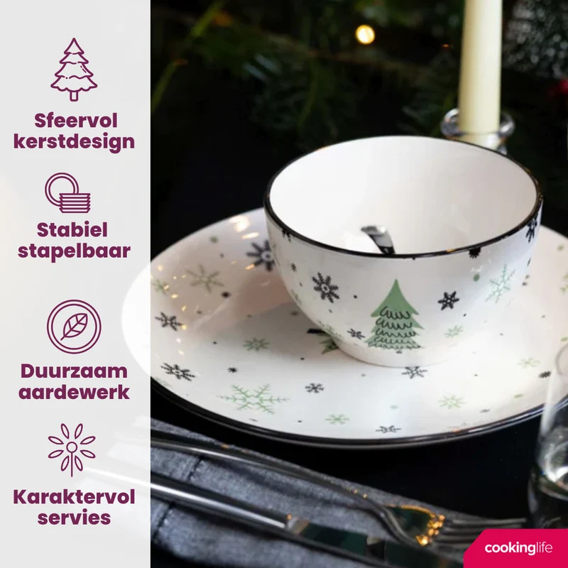 Cookinglife Weihnachtsgeschirrset Grün 18-teilig / 6 Personen - 6 Speiseteller , 6 Frühstücksteller & 6 Schalen