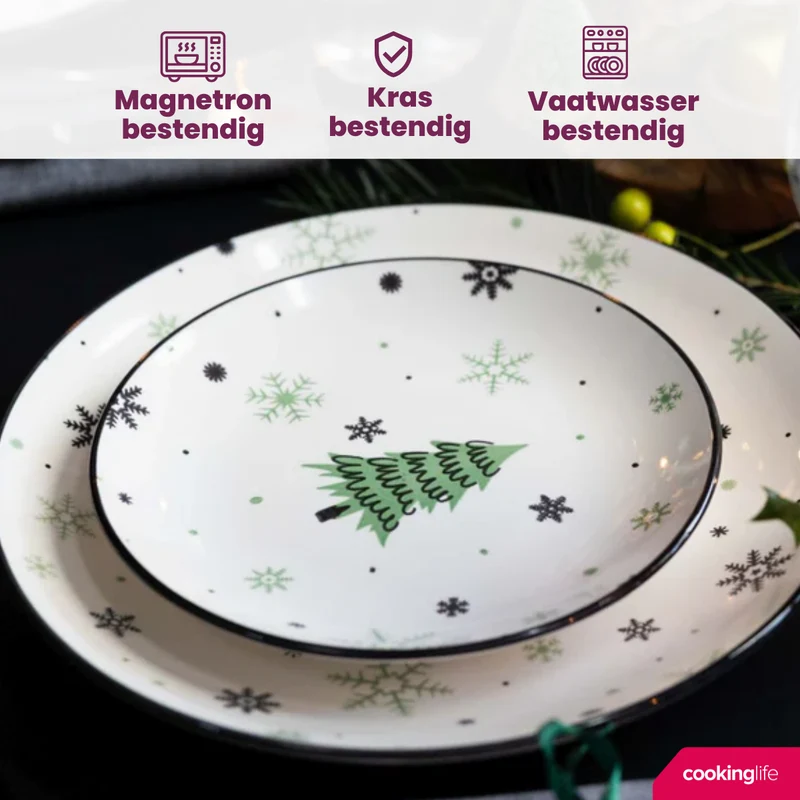 Cookinglife Weihnachtsgeschirrset Grün 18-teilig / 6 Personen - 6 Speiseteller , 6 Frühstücksteller & 6 Schalen