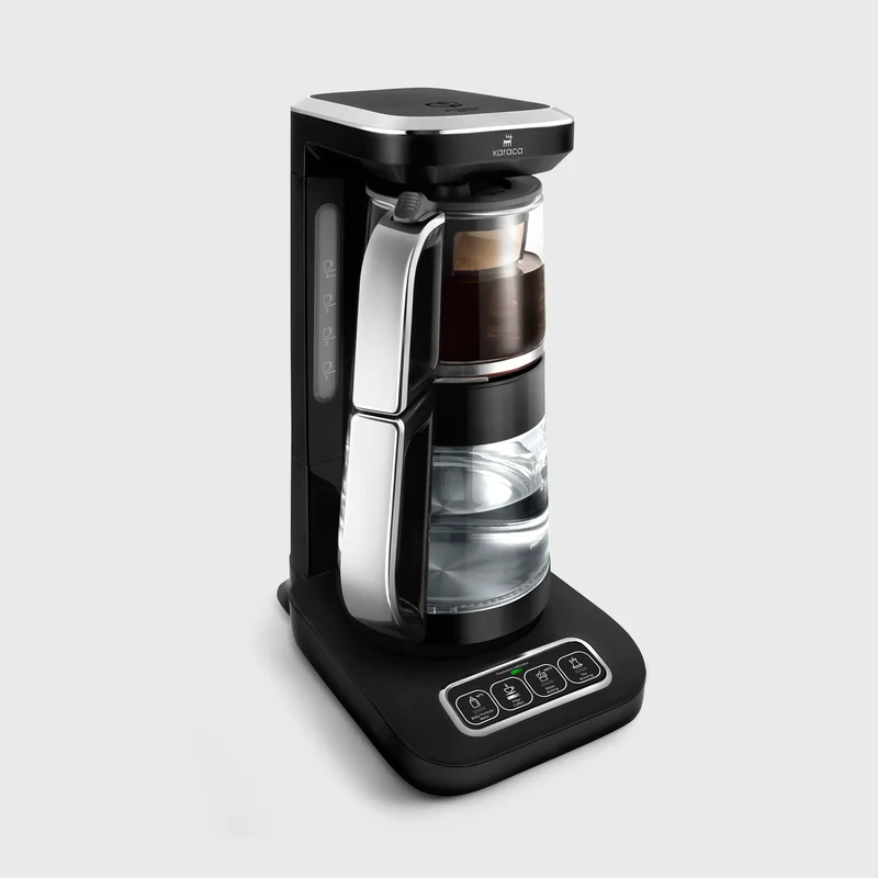 Karaca Çaysever Robotea Pro 4 in 1 Sprechende Automatische Glas-Teemaschine, Wasserkocher und Filterkaffeemaschine, Schwarz Chrom, 2500W