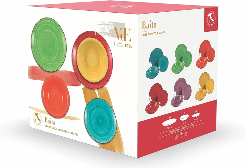 Villa d'Este Home Geschirrset Baita Multicolor 18-teilig / 6 Personen - 6 Speiseteller, 6 Frühstücksteller und 6 Suppenteller