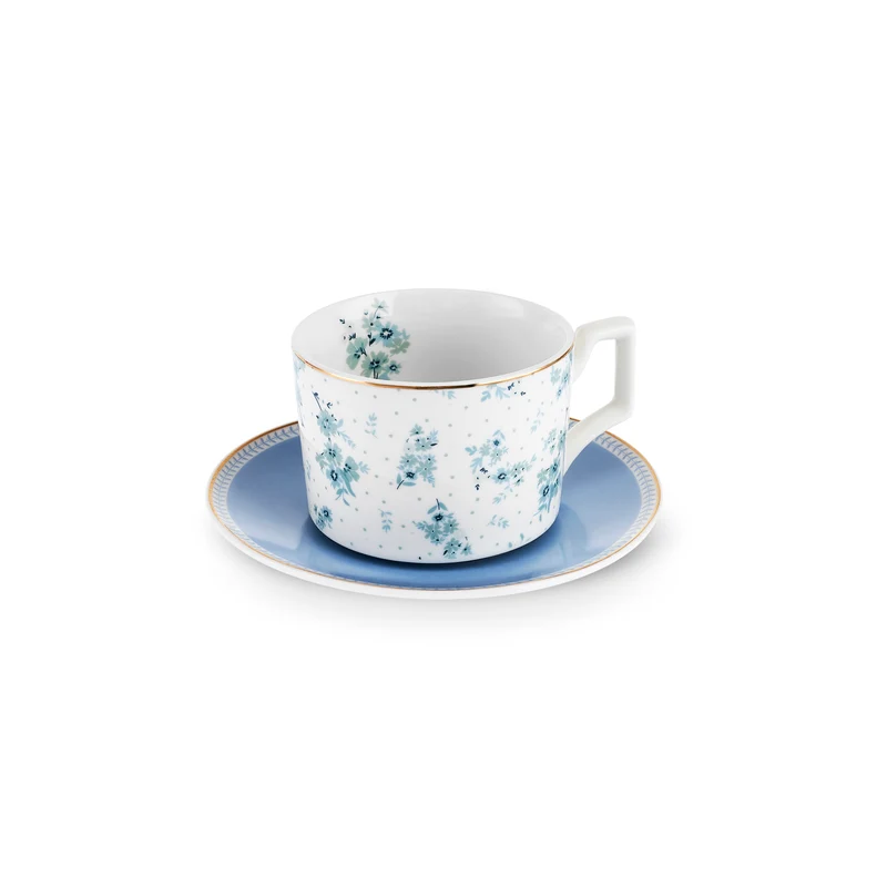 Karaca Jardin Bone-China Teetassen- und Untertassen-Set, 4-teilig, für 2 Personen, 230 ml, Blau