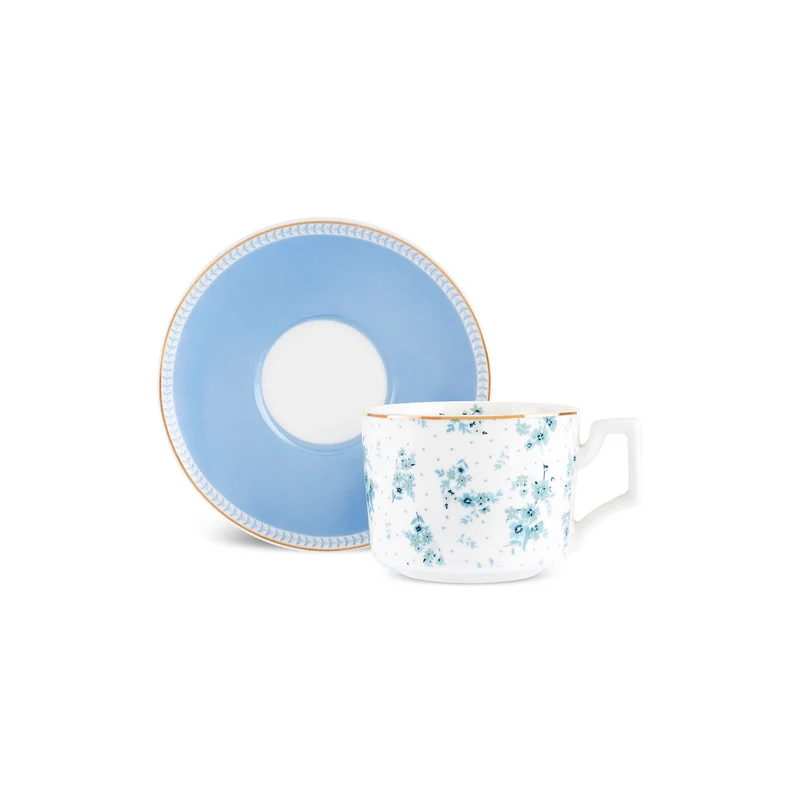 Karaca Jardin Bone-China Teetassen- und Untertassen-Set, 4-teilig, für 2 Personen, 230 ml, Blau