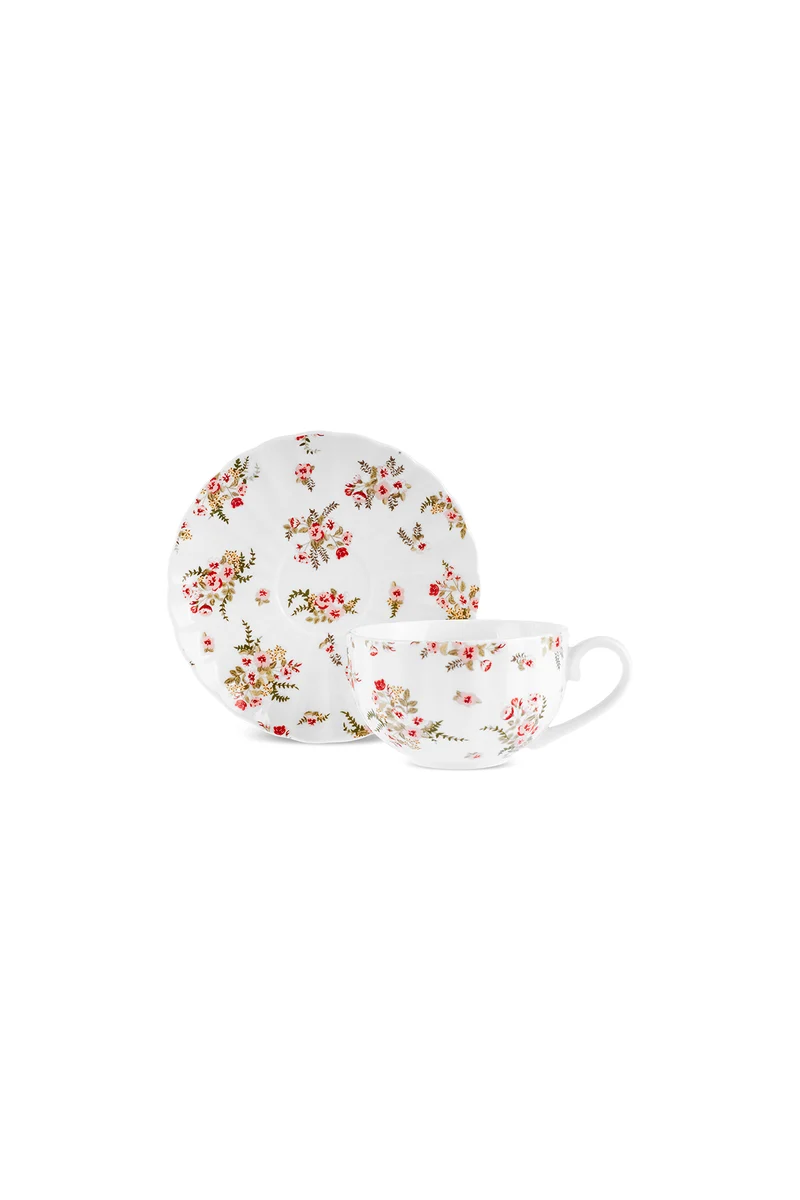 Karaca Blossom Bone-China Teetassen- und Untertassen-Set, 12-teilig, für 6 Personen, 220 ml, Rot