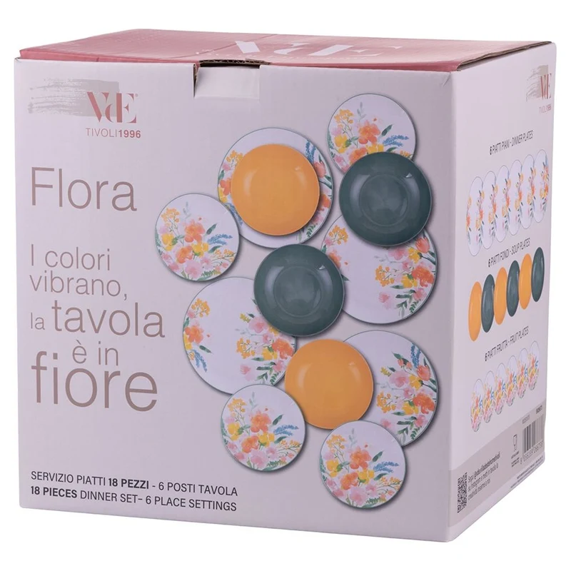 Villa d'Este Home Geschirrset Flora Porzellan 18-teilig / 6 Personen - 6 Speiseteller, 6 Frühstücksteller und 6 Suppenteller