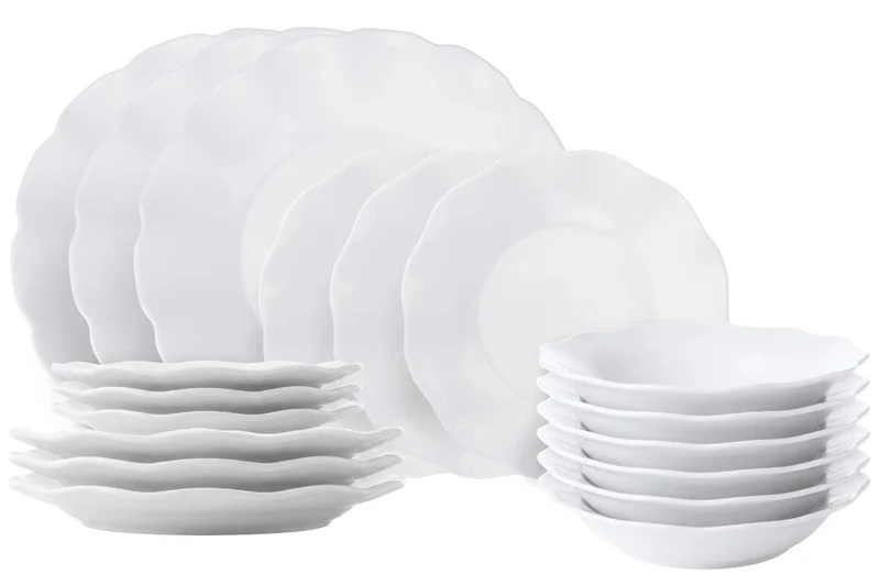 Villa d'Este Home Geschirrset Scallop Weiß Opalglas 18-teilig / 6 Personen - 6 Speiseteller, 6 Frühstücksteller und 6 Suppenteller
