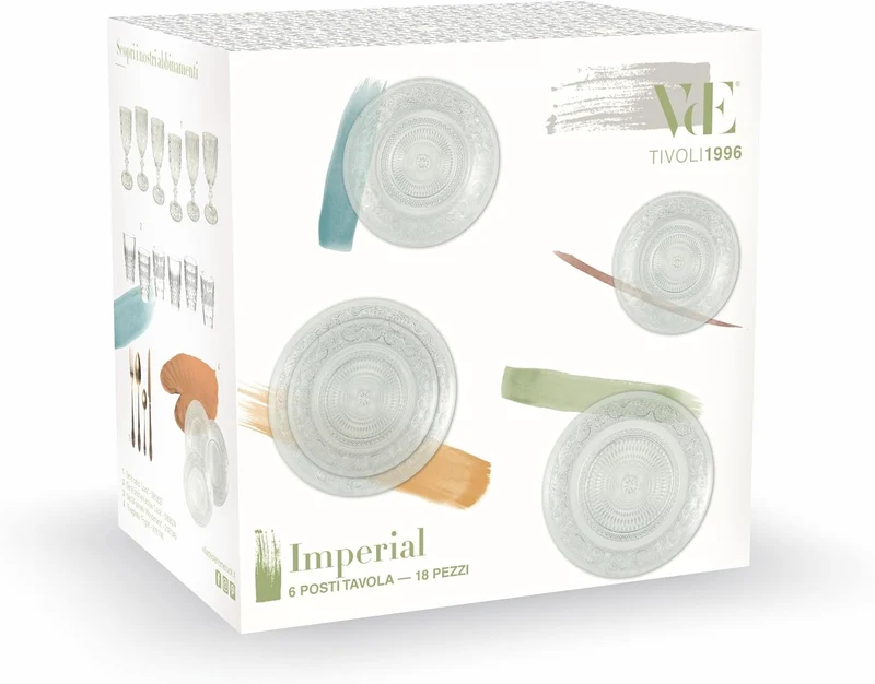 Villa d'Este Home Geschirrset Imperial Glas 18-teilig / 6 Personen - 6 Speiseteller, 6 Frühstücksteller und 6 Suppenteller