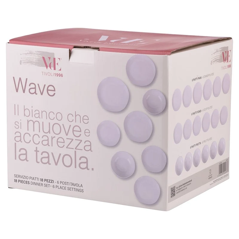 Villa d'Este Home Geschirrset Wave Weiß Porzellan 18-teilig / 6 Personen - 6 Speiseteller, 6 Frühstücksteller und 6 Suppenteller