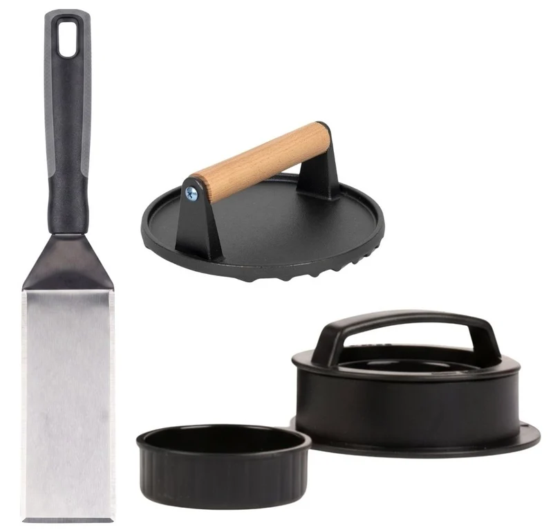 Cookinglife Hamburger Set / Smashburger Set - Gusseisen Smashpresse, Extra Presse & BBQ Spatel