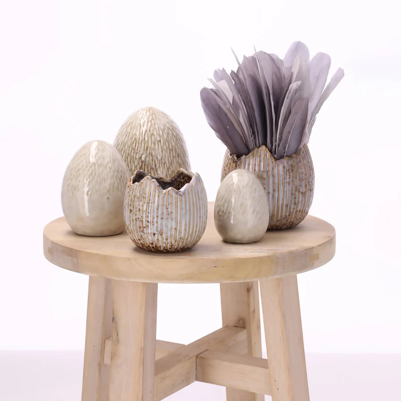 Keramik Ei Anila, D10,5cm, H14cm, Creme Glanz