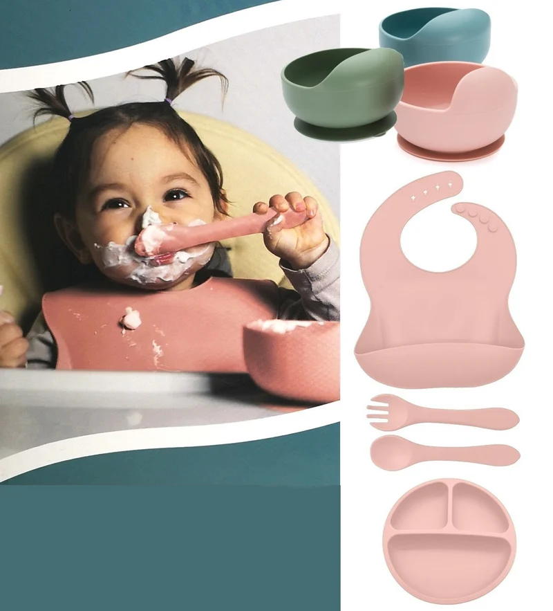 fillikid Baby Geschirr Silikon Set 4-tlg. Lätzchen, Besteck, Teller & Schüssel