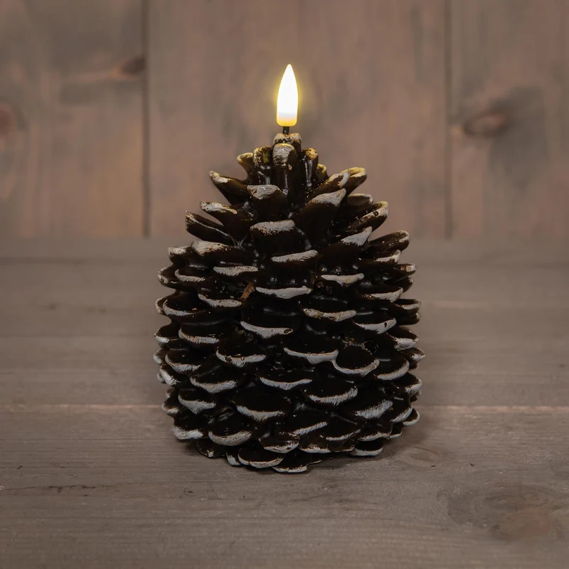 LED-Kerze mit Tannenzapfen-Motiv, 3D-Flamme, batteriebetrieben, mit Timer, 12,5 x 10,5 cm, braun