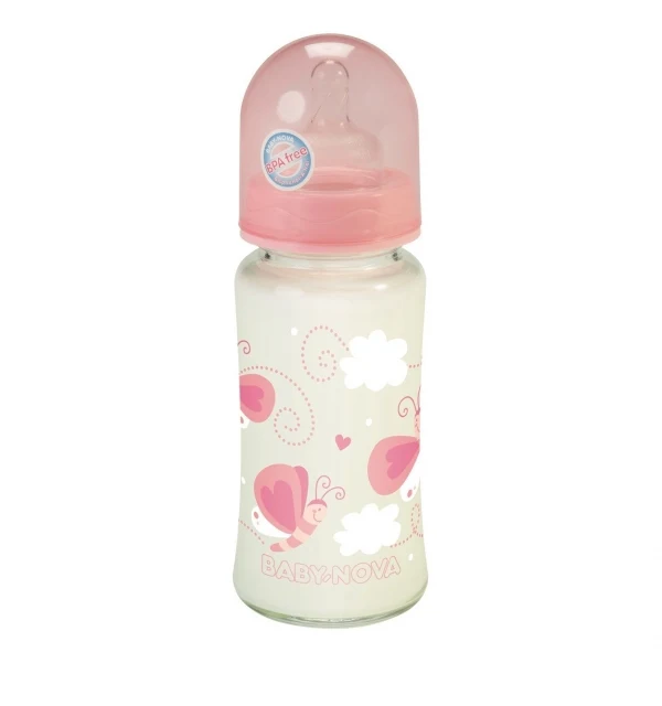 BabyNova Weithals Glas Flasche 240ml Rosa
