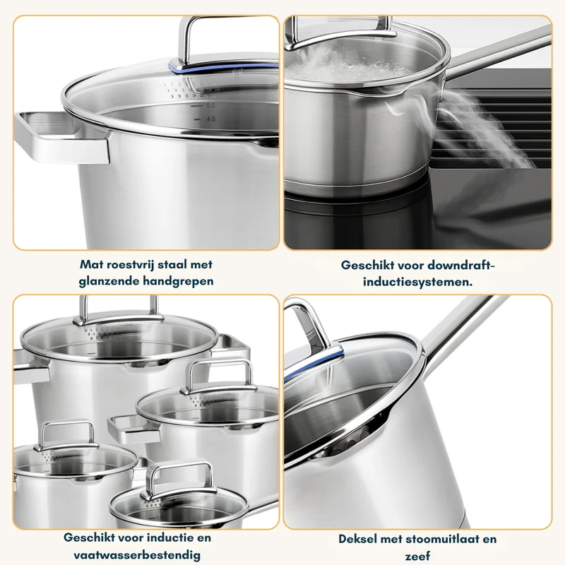 Sola Topfset Diamond 4-teilig – Edelstahl – downdraft-geeignet – Kochtöpfe Ø 16, 18, 20 cm & Stieltopf Ø 16 cm – geeignet für alle Herdarten