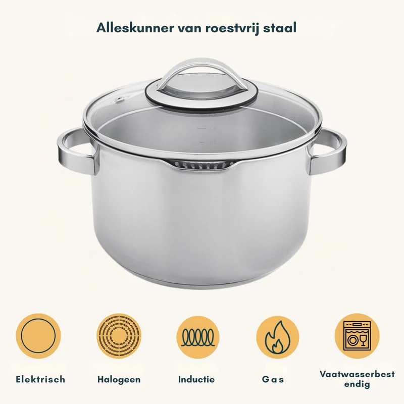Sola Topfset Diamond 4-teilig – Edelstahl – downdraft-geeignet – Kochtöpfe Ø 16, 18, 20 cm & Stieltopf Ø 16 cm – geeignet für alle Herdarten