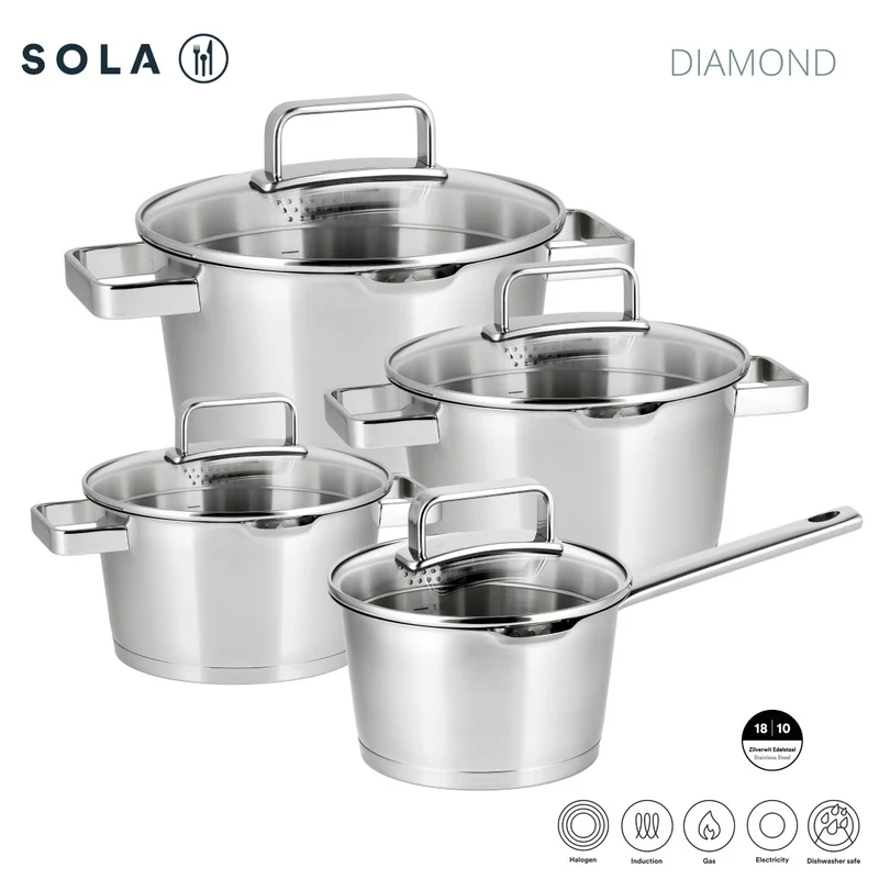 Sola Topfset Diamond 4-teilig – Edelstahl – downdraft-geeignet – Kochtöpfe Ø 16, 18, 20 cm & Stieltopf Ø 16 cm – geeignet für alle Herdarten