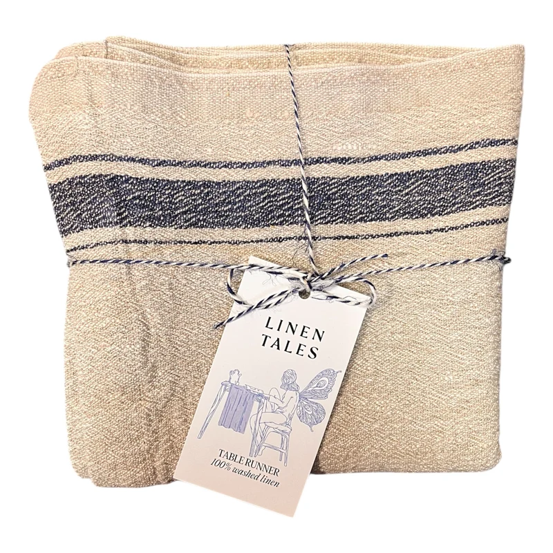 Tischläufer aus Leinen im Vintage-Stil Natur/Blau
