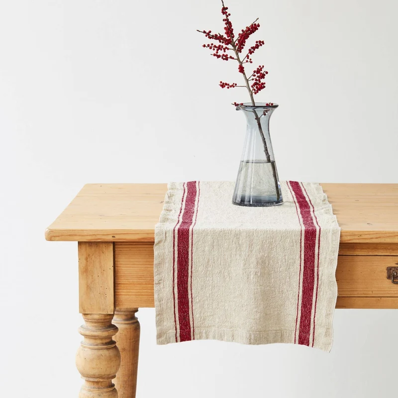 Tischläufer aus Leinen im Vintage-Stil Natur/Rot