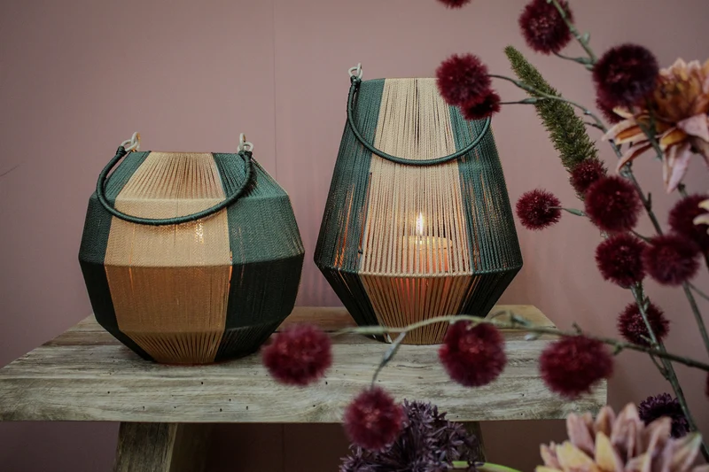 pc. 1 fabric lantern/hanging green/gold 19,5x17,5 cm